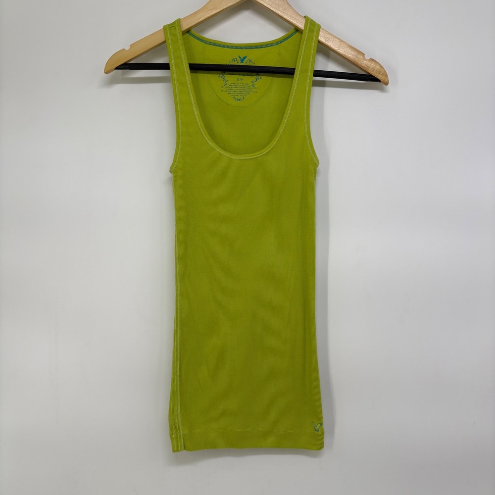 Y2K American Eagle Lime Green Ribbed Scoop Neck Tank Top Slim Fit S Retro